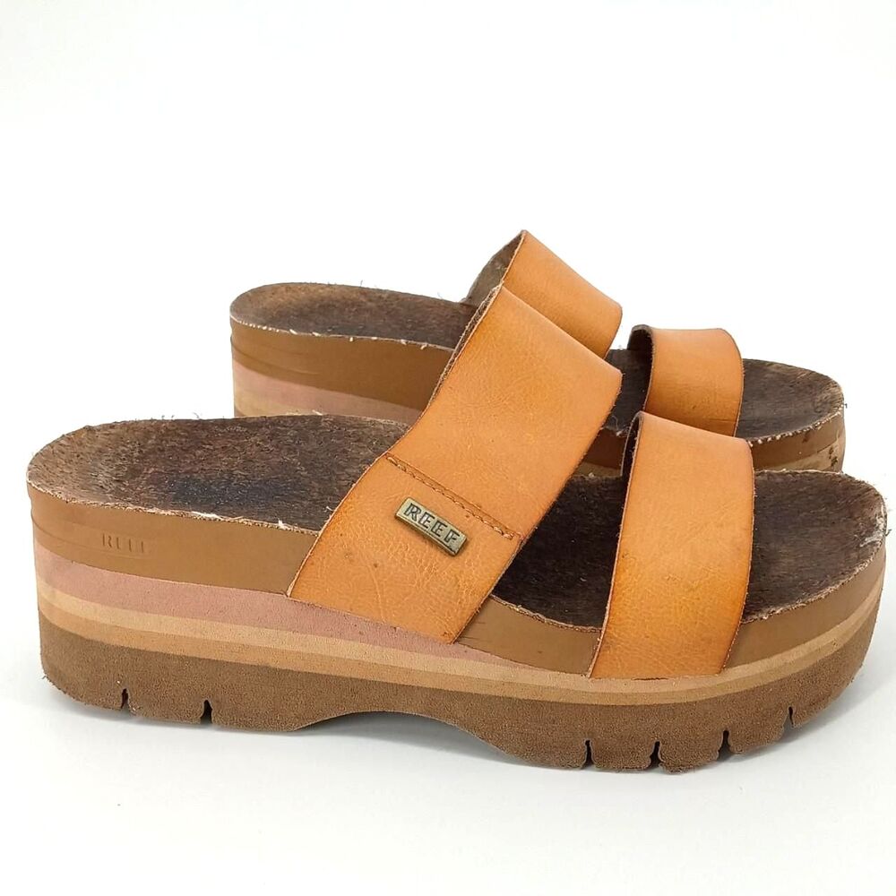 Reef Platform Sandals Tan leather cork sole 70s boho